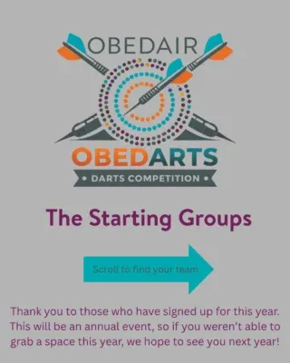 2026 Obedarts Tournament 🎯 starting groups!

Money raised from this event is going to the incredible Help for Heroes. If you would like to donate, please use the QR code on the last slide.

Thank you ✨